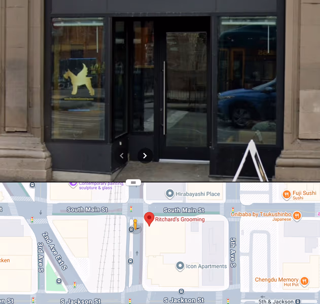 Map indicating the location of Ritchard's Grooming salon in Pioneer Square, Seattle